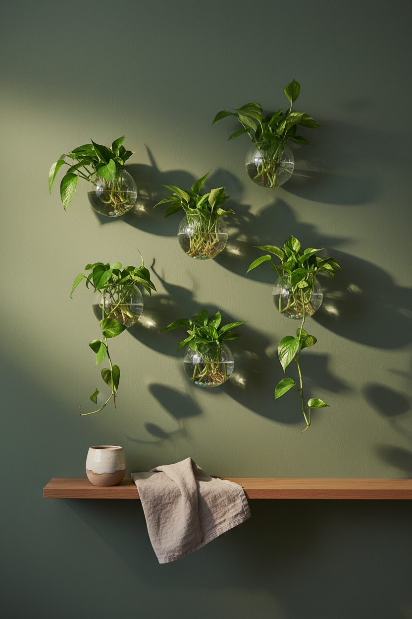 Six clear glass hemisphere wall terrariums mounted in a staggered arrangement on a sage green wall, each with trailing pothos cuttings rooted in water — hydroponic wall garden display