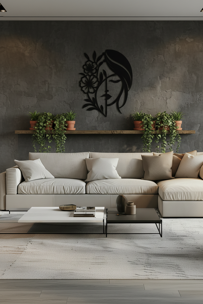 Botanical Woman Silhouette Metal Wall Art – Matte Black Floral Home Decor