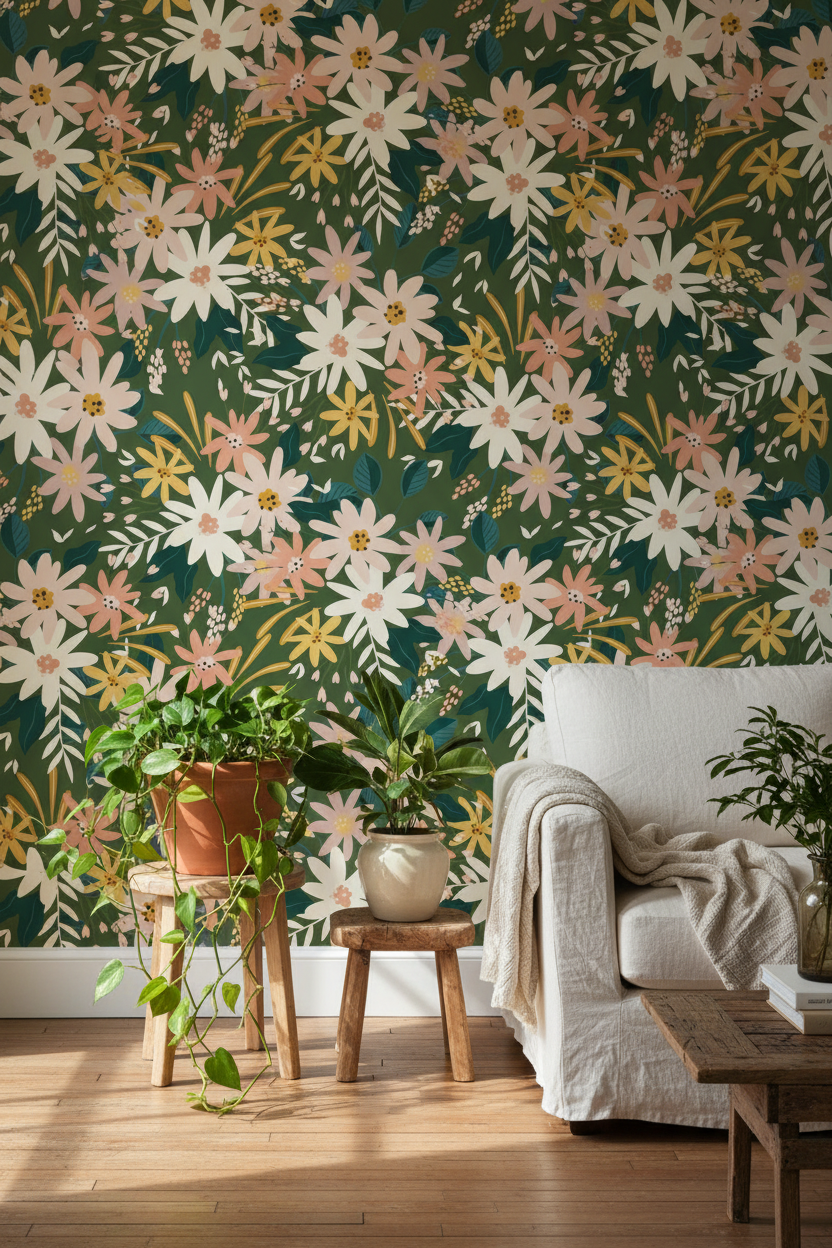 Zara earthy botanical wallpaper in olive green with blush pink white and mustard daisy florals styled with trailing plants in a warm curated interior